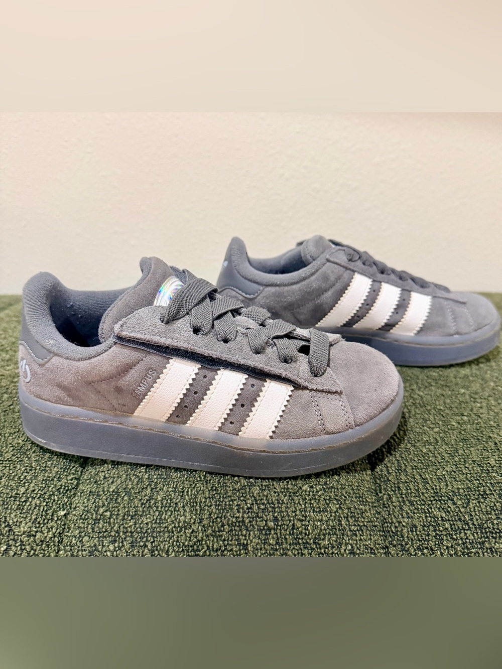 adidas Kids Gray Suede Sneakers with White Stripes and Light Up Soles